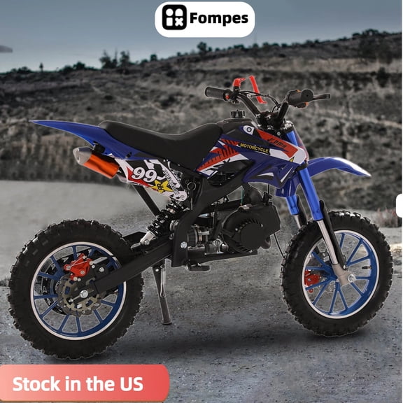Fompes Mini Dirt Bike 49CC Gas Powered Motocross, 25MPH Off Road Motorcycle with Shock Absorption Springs,Front Rear Disc Brakes, Weight Support Up to 330 LBS(Blue)