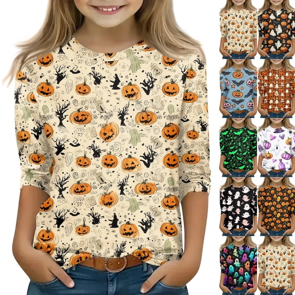 Ghost Halloween Shirt for Girls Cute Pumpkin Print 3/4 Sleeve T Shirt Halloween Graphic Tee Spooky Season Party Outfit Kids 2026,11-12 Years,Complexion