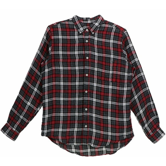 Presidents Men's Red / Black Linen Flannel Check Washed Casual Button-Down Shirt - M
