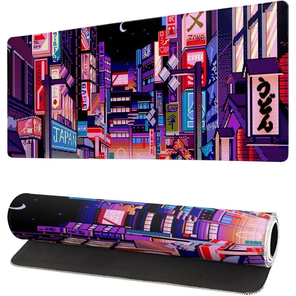 Dark Purple Japanese Gaming Mouse Pad Abstract Anime Mat 27.6x11.8 Inch Tokyo Pixel Street Texture Non-Slip Rubber Base Kawaii Mousepad Stitched Edges Keyboard Desk Pad for Office and Home Game
