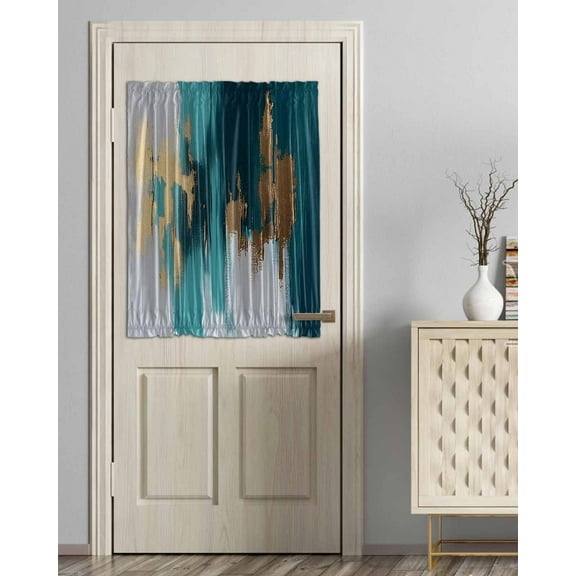 Abstract Teal Green Blackout Curtains French Door Curtains for Door Window, White Gold Textured Art Privacy Drapery for Patio/Sidelight Doors, 1 Panel with Tieback, 54 x 40 Inches