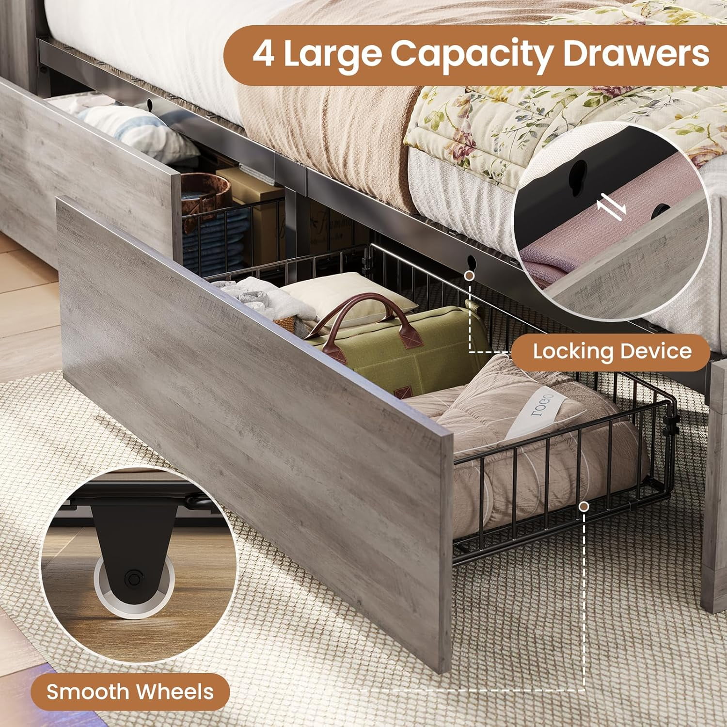 Queen Rustic Bed Frames With Storage Headboard Bookcase, Farmhouse Wooden Platform Panel Bed with 4 Drawers & Charging Station, No Boxing Need, Vintage Gray