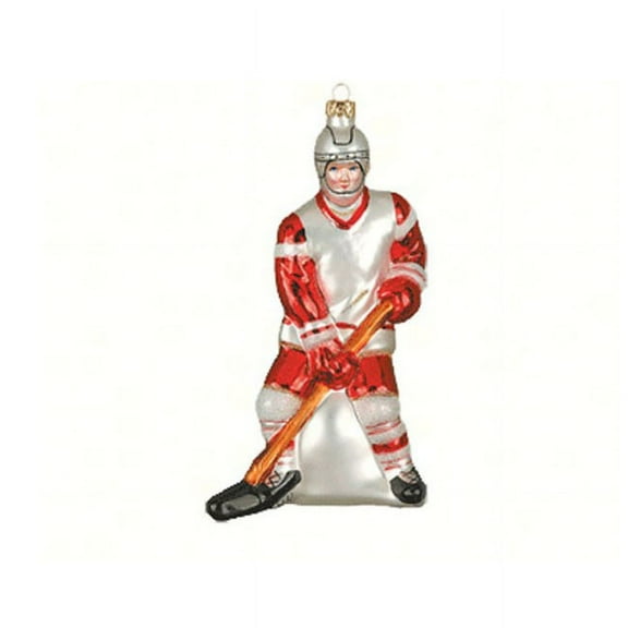 6.5" Red and White Hockey Player Hand Blown Glass Hanging Figurine Ornament
