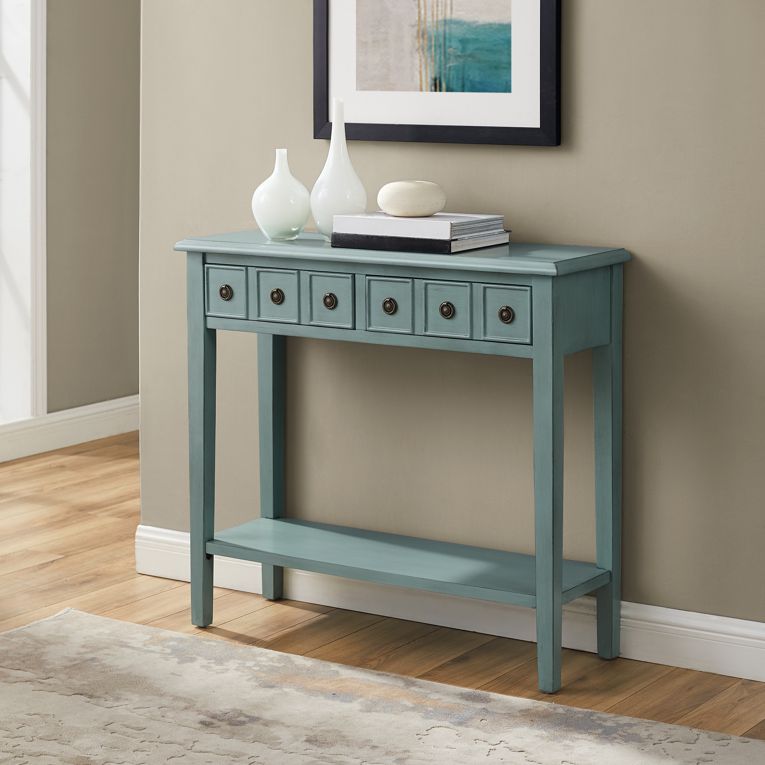 Sadie Farmhouse 2-Drawer Short Console Table with Shelf, Teal - image 3 of 14