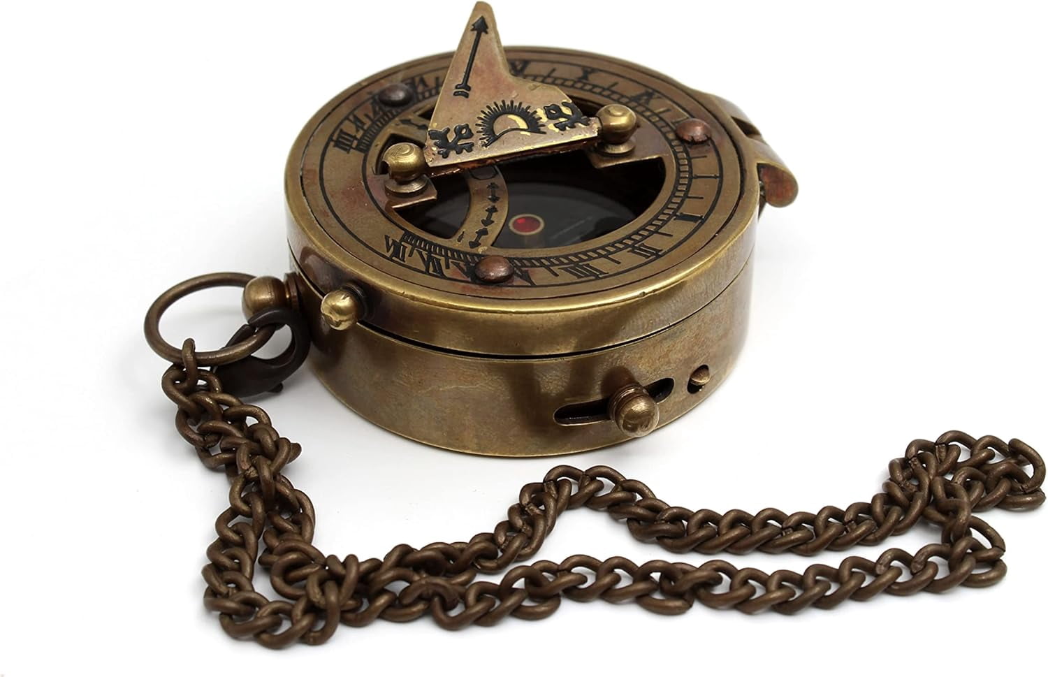 Brass Sundial Compass - Portable, Durable - Ideal for Camping, Hiking, Boating - Unique Home Decor - Jeweled Compass Needle