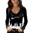 thumbnail image 1 of Camiseta navideña de manga larga con estampado colorido, holgada, informal, con cuello en V, camisa navideña para mujer para regalo navideño, blanco M, 1 of 6