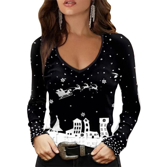Camiseta navideña de manga larga con estampado colorido, holgada, informal, con cuello en V, camisa navideña para mujer para regalo navideño, blanco M