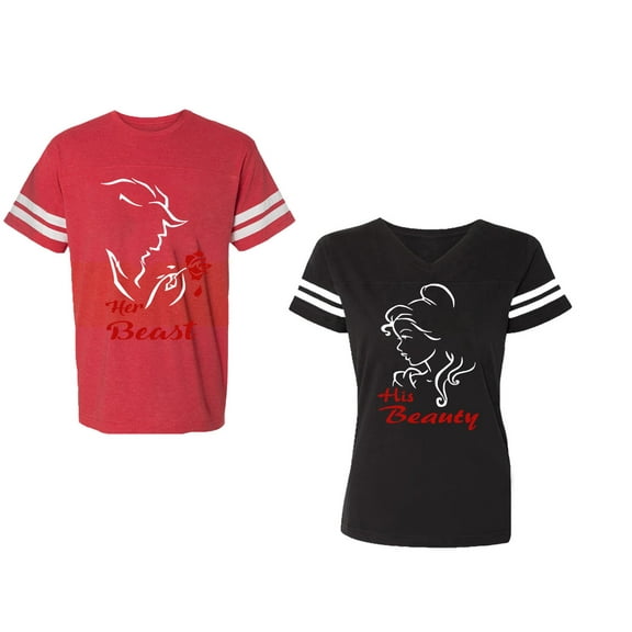 Her Beauty His Beast Unisex Couple Matching Cotton Jersey style T-Shirt Contrasting stripes on sleeves (Men Red / Women Black) (Men S / Women S)