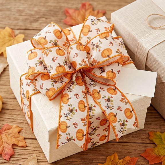 Fiaya Women Thanksgiving Plaid Wired Ribbon 2.5 Inch x 5 Yards, Fall Maple Leaf Pumpkin Ribbon for Wreath Bow, Farmhouse Gift Wrapping Decor