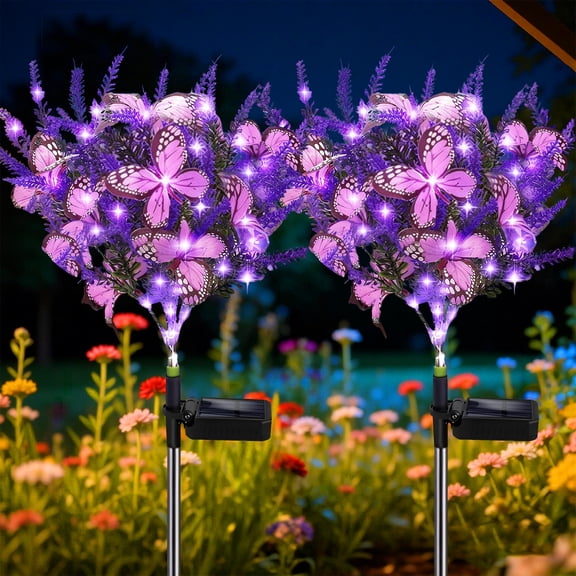 Rirool Solar Lavender Butterfly Lights Outdoor 2 Pack, Purple LED Garden Lights Waterproof with Auto On/Off, Decorative Solar Flower Lights for Yard Patio Pathway Lawn, Gifts for Women