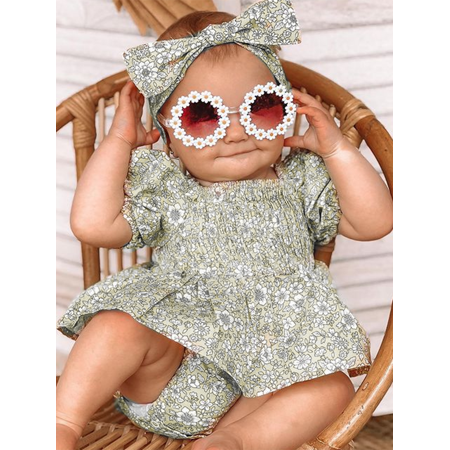 

Summer Infant Baby Girl Romper Dress Pleated Boho Floral Bodysuits with Headband Sunsuits