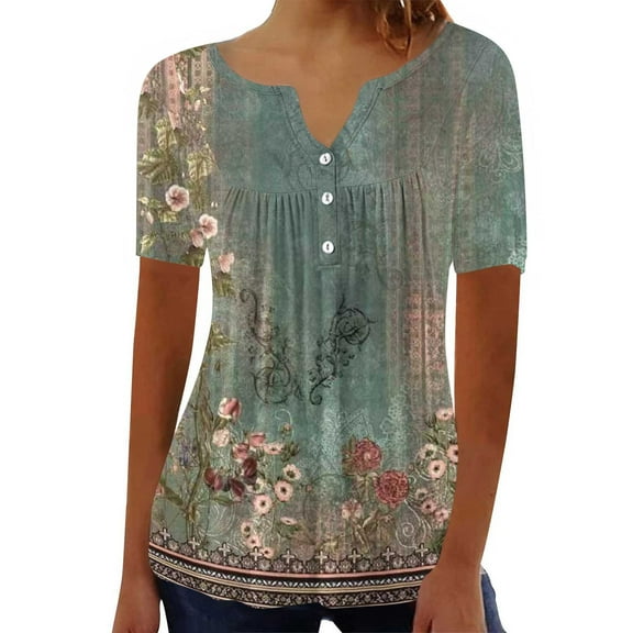 Otvok Tops for Women's Summer Short Sleeve V-Neck Button Pleated Blouse Floral Casual Flowy Tunic Blouse