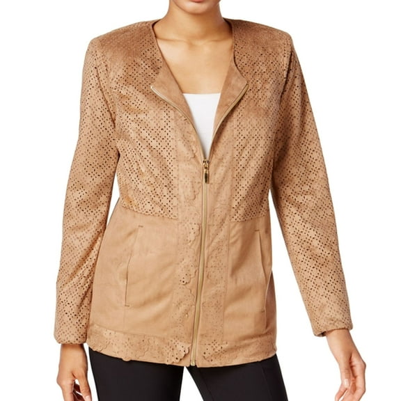 JM Collection Womens Laser Cut-Out Blazer Jacket, Brown, Medium