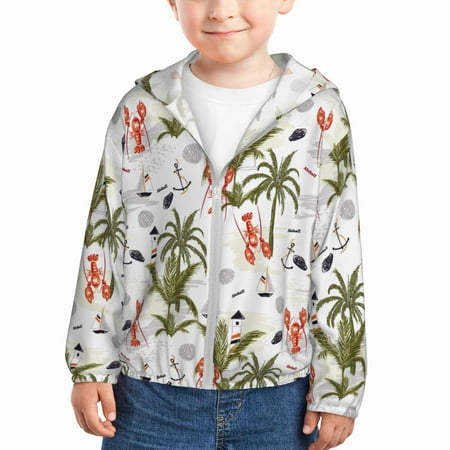 

Sun Hoodie for Kids Lighthouse Lobster Anchor Tropical Long Sleeve Swim Fishing Shirts Sun Protection Zip Up Jacket Clothing Athletic Hoodie