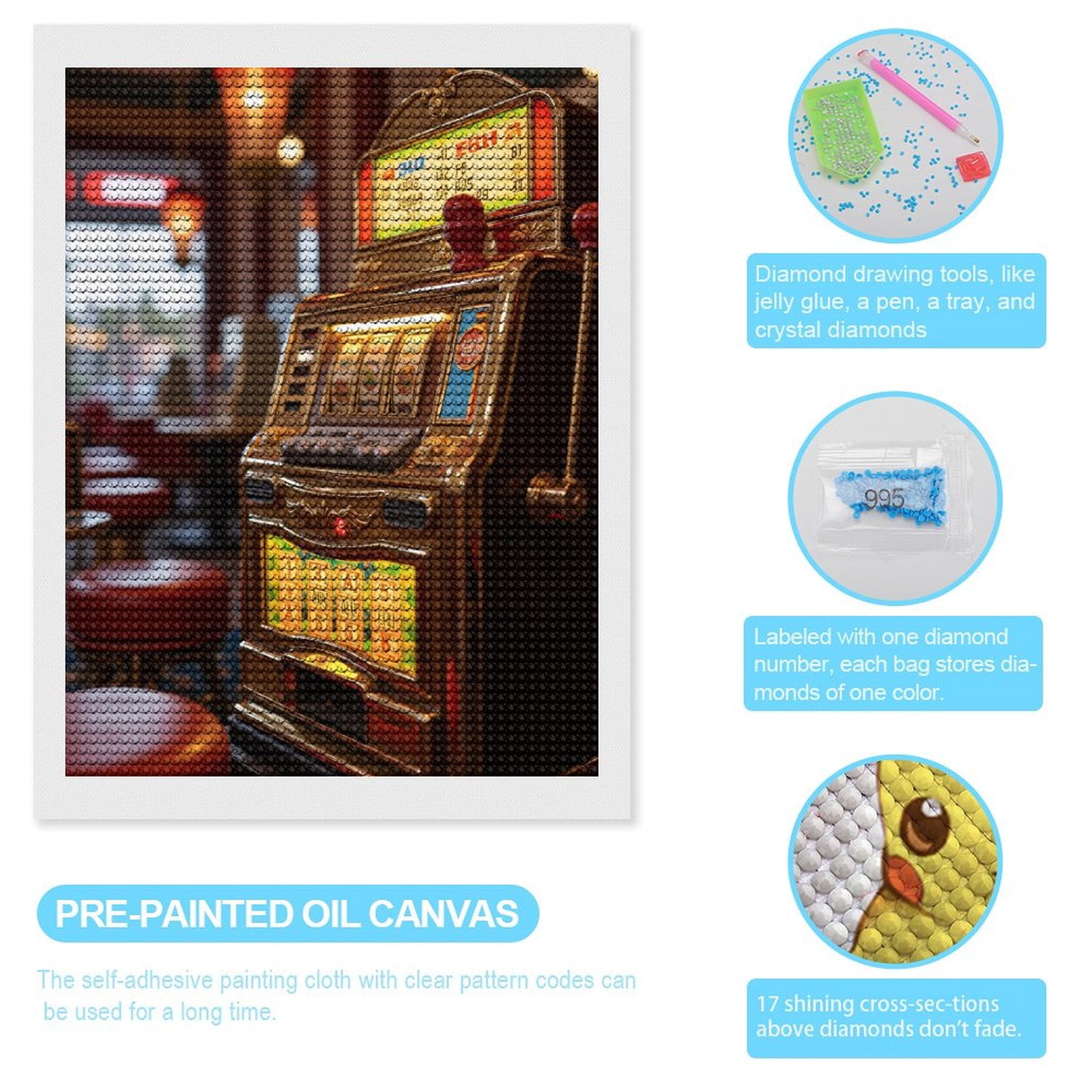 Diamond Art Kits for Adults, Vintage Slot Machine In Casino 5D Diamond Painting Kits for Adults Beginners, DIY Full Drill Diamond Painting, Gem Art and Crafts 12x16