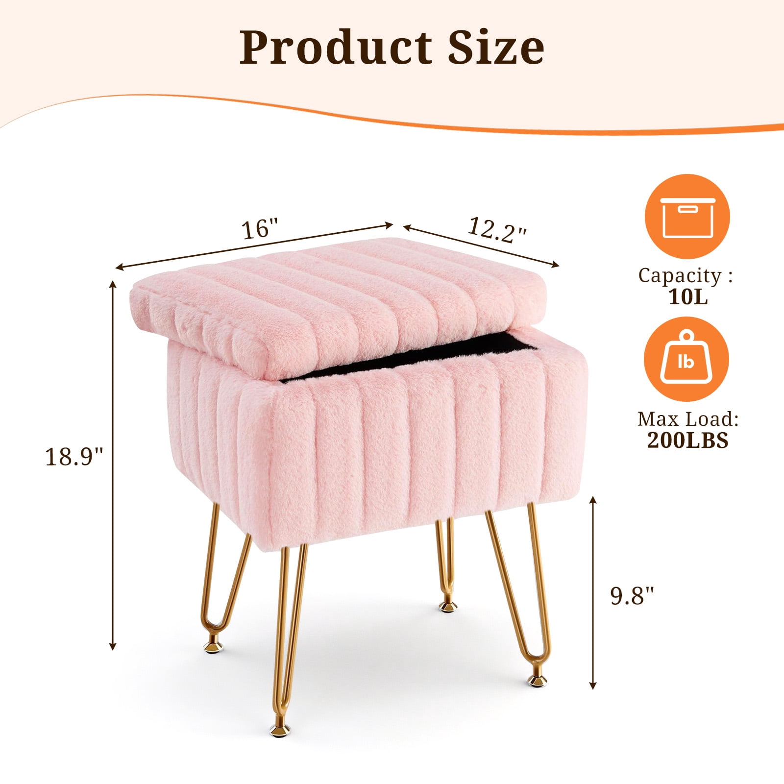 Casabay Vanity Stool Chair with Storage, Faux Fur Footstool Ottoman with Metal Legs & Anti-Slip Adjustable Feet for Bedroom, Entryway