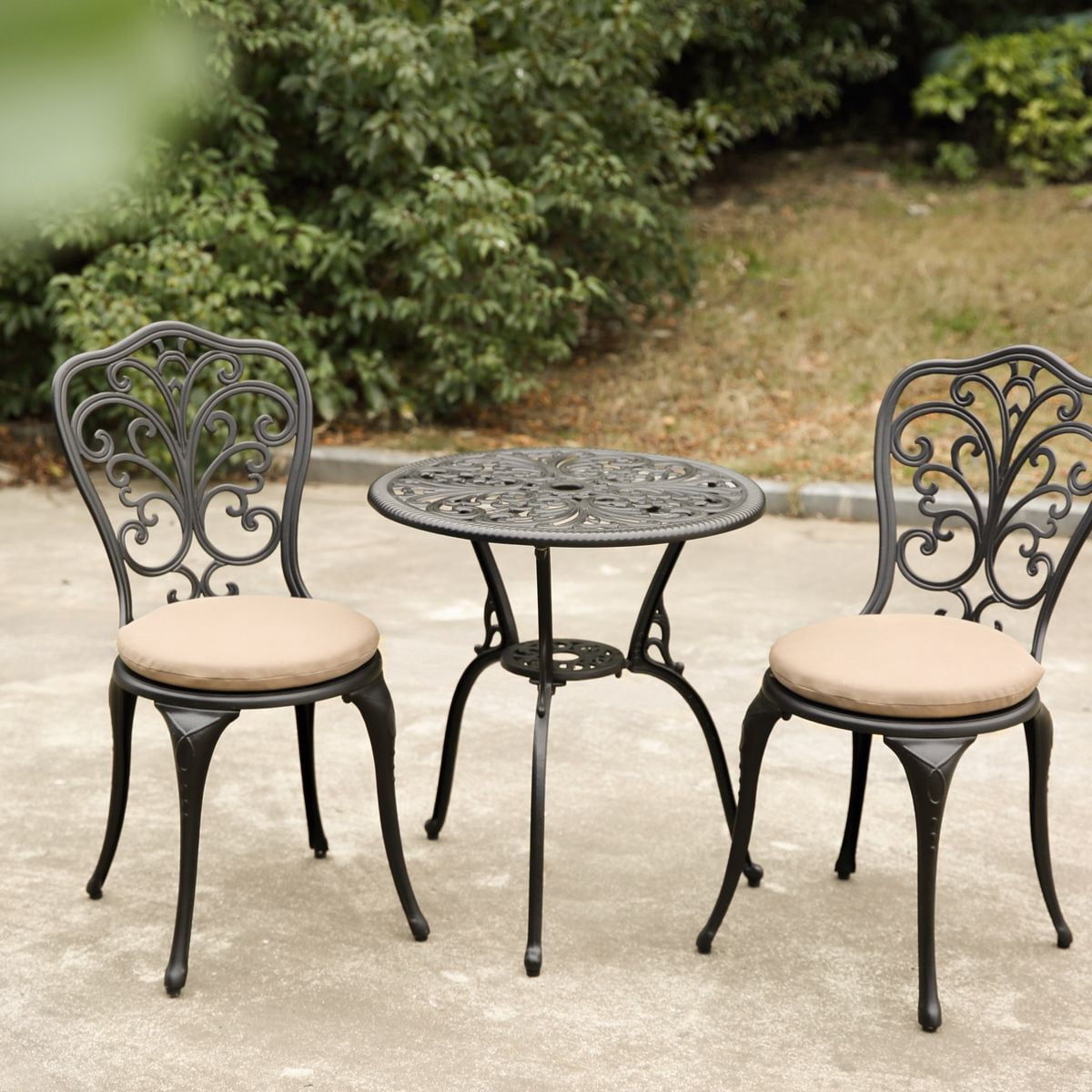 Sailvan 3-Piece Patio Bistro Set with Cushions, Cast Aluminum Outdoor Dining Furniture, Rust-Resistant Set for Yard, Black