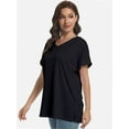 thumbnail image 6 of Women's V Neck T Shirts Casual Rolled Short Sleeve Side Split Summer Tops Loose Fit, 6 of 6