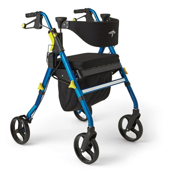 Andador plegable Medline Premium Empower con asiento de espuma viscoelástica, color negro y azul, capacidad de peso de 136 kg, ruedas de 20 cm, portavasos, ideal para personas con movilidad reducida y