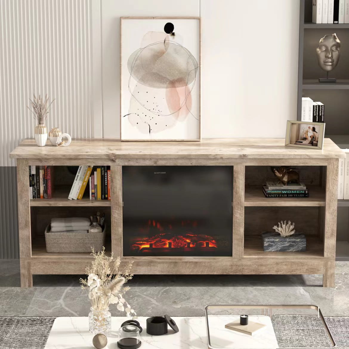Lacoo Wood TV Stand with Fireplace and 4 Shelves for TVs up to 65", Gray