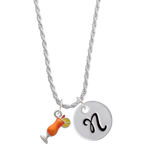 Delight Jewelry Silvertone 3-D Orange Tropical Drink Silvertone Script Initial Disc - N - Charm Necklace, 20"+3"