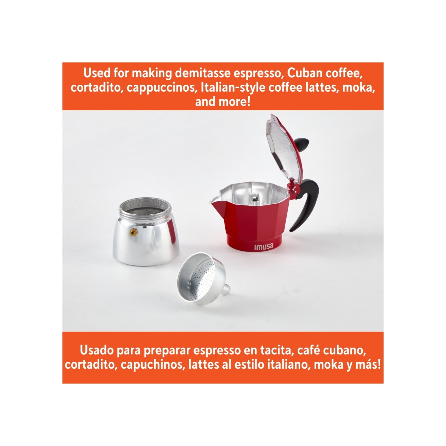 Im Usa 3-Cup Cast Aluminum Stovetop Coffeemaker with Red Top and