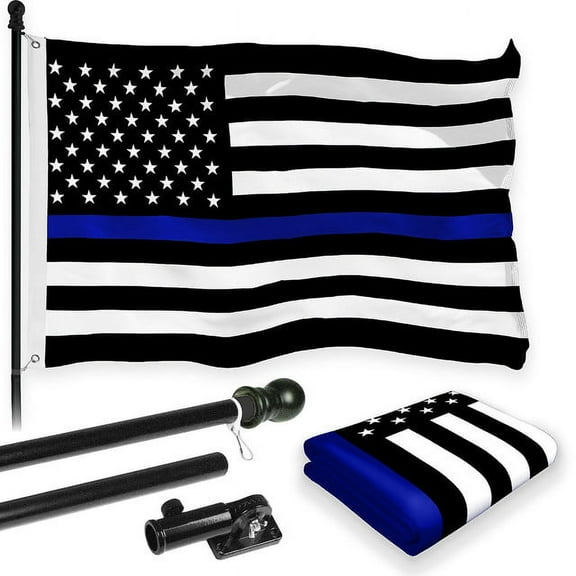 G128 Combo Pack: 6 Feet Tangle Free Spinning Flagpole (Black) Thin Blue Line Flag 3x5 ft Printed 150D Brass Grommets (Flag Included) Aluminum Flag Pole