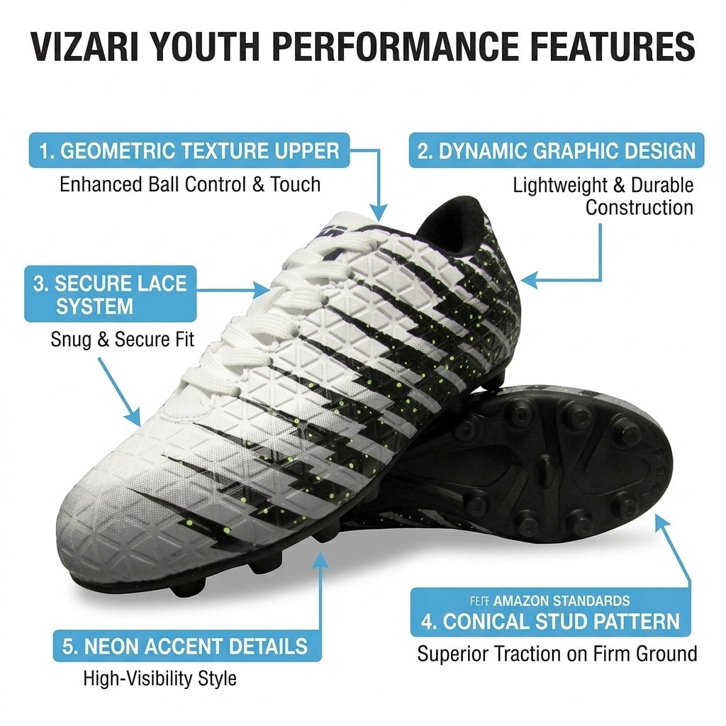 Vizari Bolt Firm Ground Soccer Cleats for Kids – Durable, Comfortable, and Stylish Boys and Girls Soccer Shoes with Traction - White/Black/Silver, 11.5