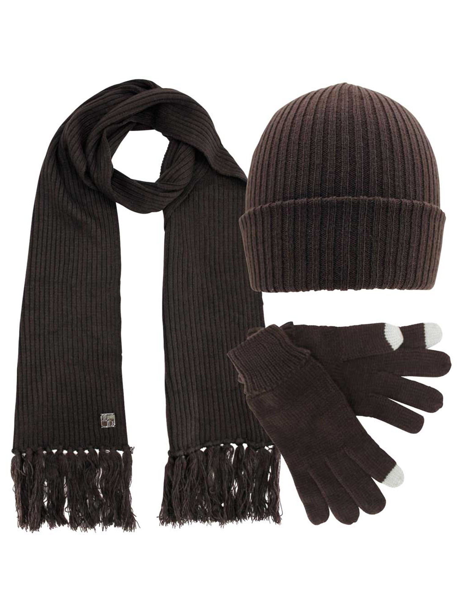 Brown Ribbed Knit Men's 3 Piece Hat Scarf & Texting Gloves Set ...