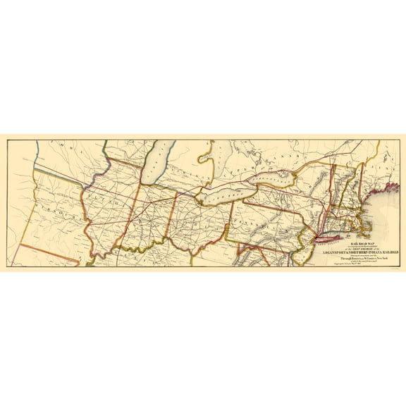 Railroad Map - Logansport and Northern Indiana Railroad 1854 - 23 x 67 - Vintage Wall Art