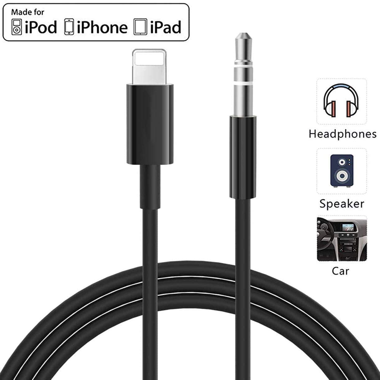 [Apple MFi Certified] iPhone to Car Aux Cable, Lightning to 3.5mm Stereo Audio Cord Compatible 