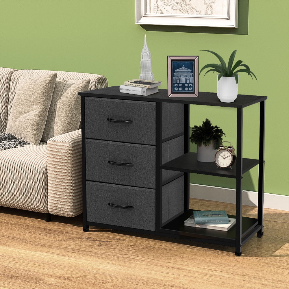 ACCVER 3-Drawer Fabric Dresser with Shelves, Closet and Chest for Bedroom, Clothes Storage Organizer, for Living Room, Apartment, Dark Grey