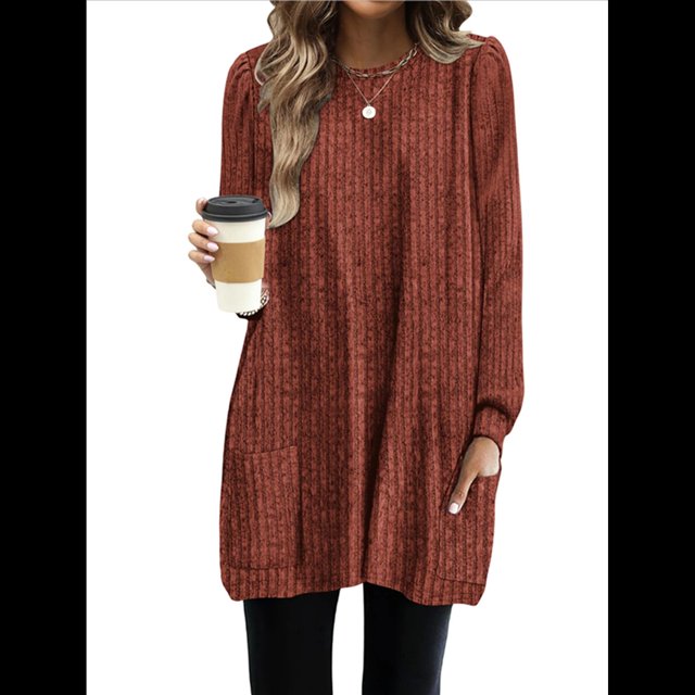 Camisas de Larga para Mujer Suéteres Largos con Bolsillos Tops Tipo Túnica Corte Holgado Rojo Ladrillo M