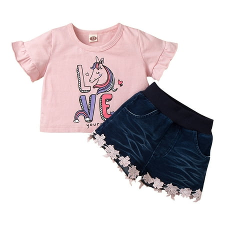 

TAIAOJING Kid Toddler Girl Clothes Ruched Cartoon Print Tops Jeans Shorts Set Casual Baby Girl Outfits 12-18 Months