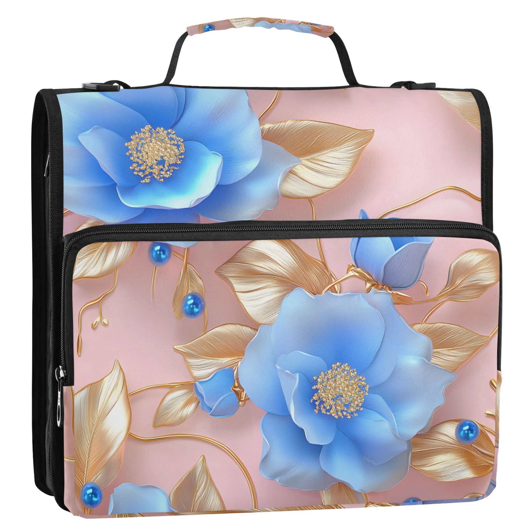 ALAZA Zipper Binder 3d Blue Flowers 3 Ring Trapper Keeper File Folder Organizer Bag