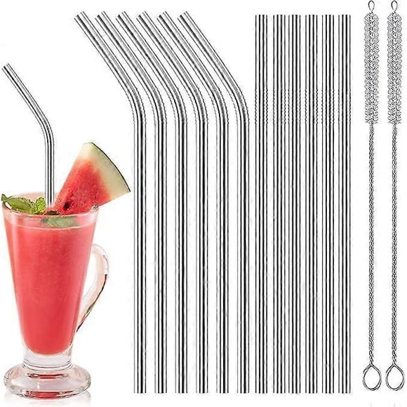 Reusable Stainless Steel Straws 12 Pack (6 Straight Straws + 6 Bent Straws), 21cm Edible Straws with 2 Cleaning Brushes, Ice Milk, Cocktail, Smoothie