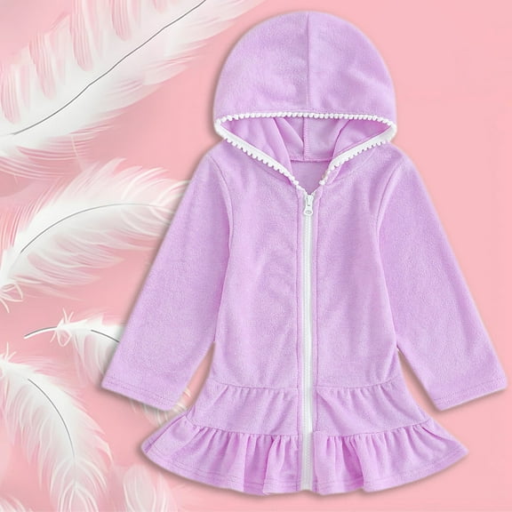 XIMIN Toddler Girl Long Sleeve Swimsuit Beach Hooded Dress Cute Swim Cover Ups Ruffle Zip-Up Summer Beach Bathing Suit Cover Up Kimono Kids Swimwear (5-6 Years, Purple)
