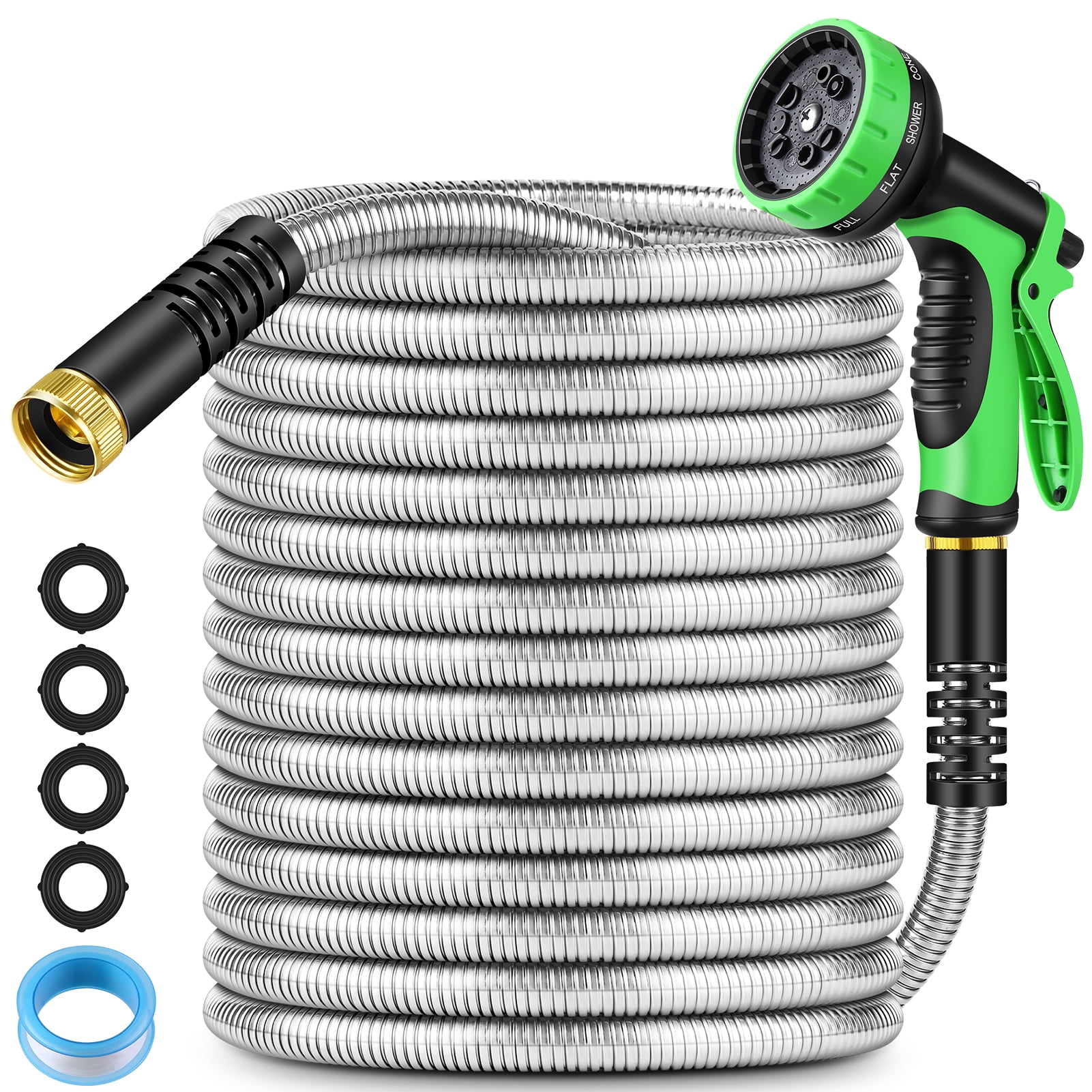 Flyclix 304 Stainless Steel Garden Hose - 75ft Anti-Rust & Kink-Free 5-Layer Dog/Puncture Proof, 10-Pattern Nozzle, Leakproof Connectors