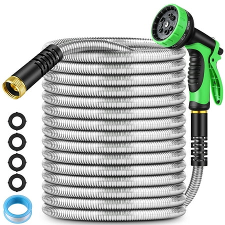 Flyclix 304 Stainless Steel Garden Hose - 50ft Anti-Rust & Kink-Free 5-Layer Dog/Puncture Proof, 10-Pattern Nozzle, Leakproof Connectors