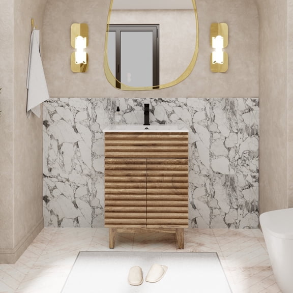 Eclife 24" Freestanding Single Bathroom Vanity with Ceramic Top, Faucet, Wood Tune