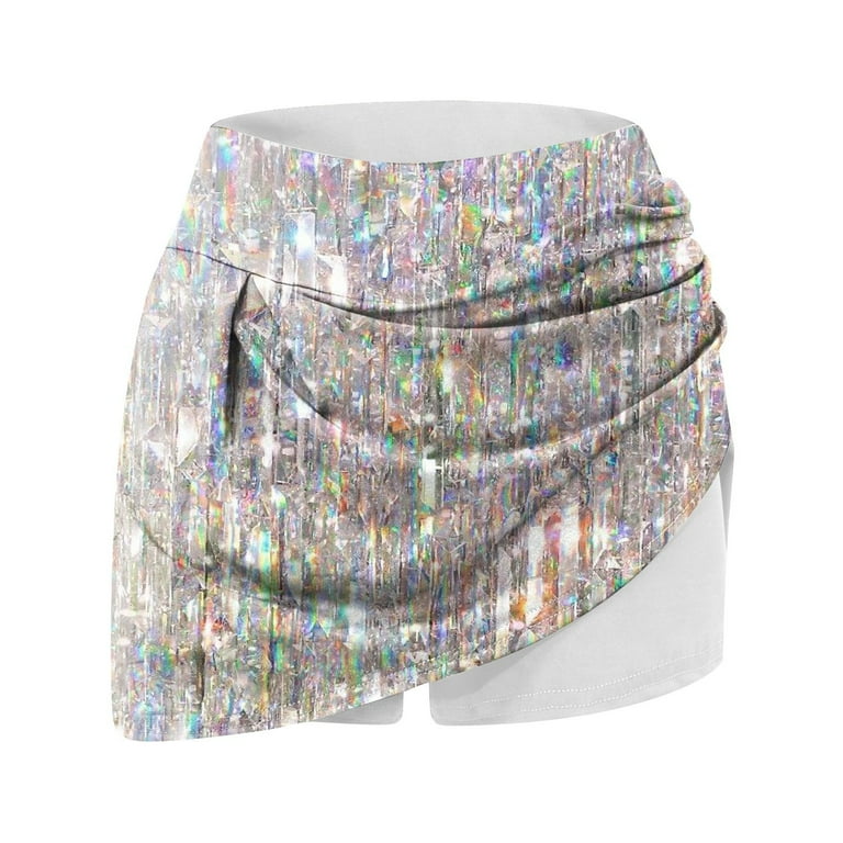 Huresd Women s Athletic Stretchy Tennis Skirts High Waisted Run Yoga Elastic Mini Skirts Swing A Line Sequin Print Sports Golf Skorts with Lining