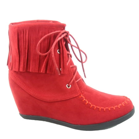 New Ladies Brown Wedge Heel - Glady-84 Women's Fashion Fringe Lace UP Low Wedge Sneaker Booties Shoes