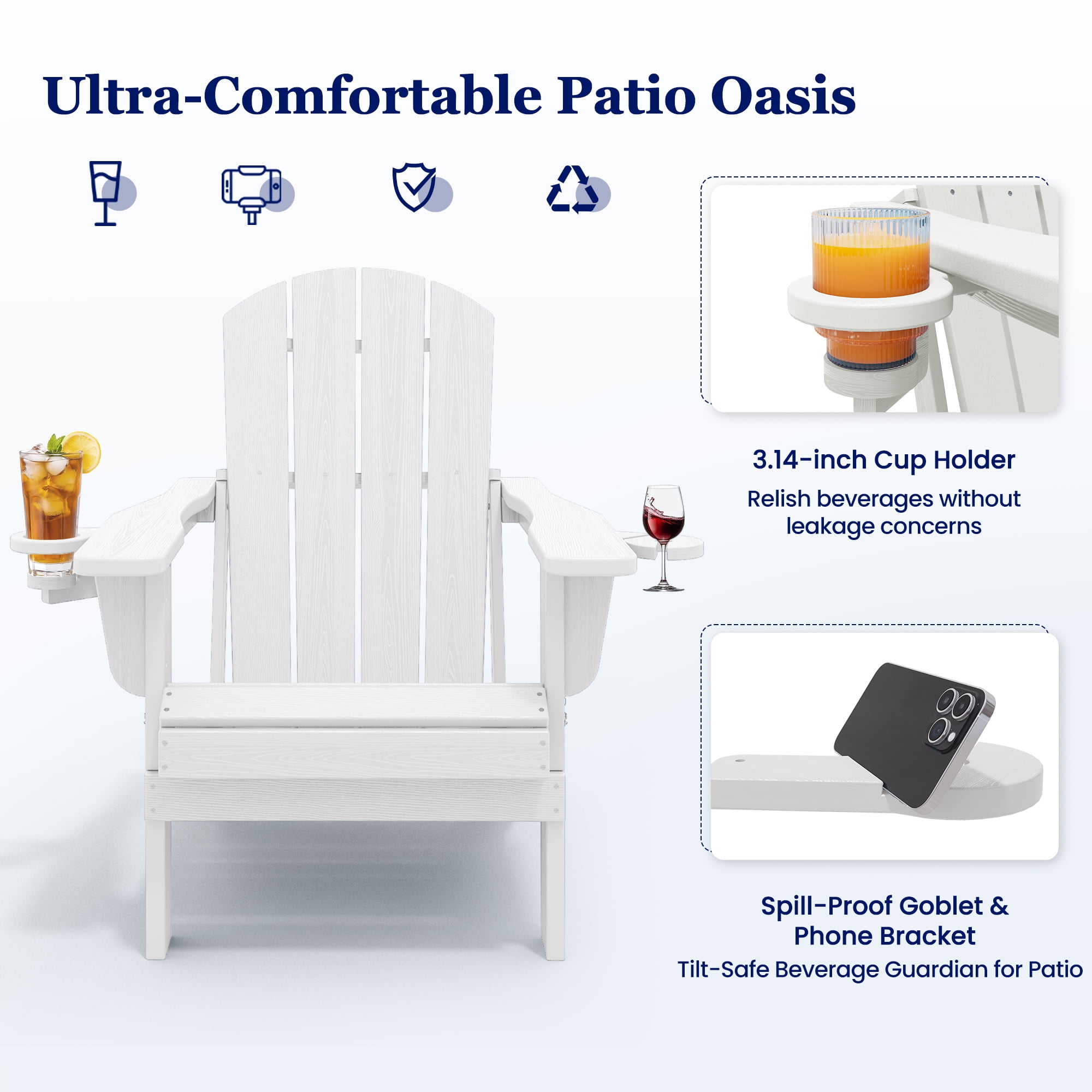 SERWALL Folding Adirondack Chairs, White, HDPE All-Weather Fire