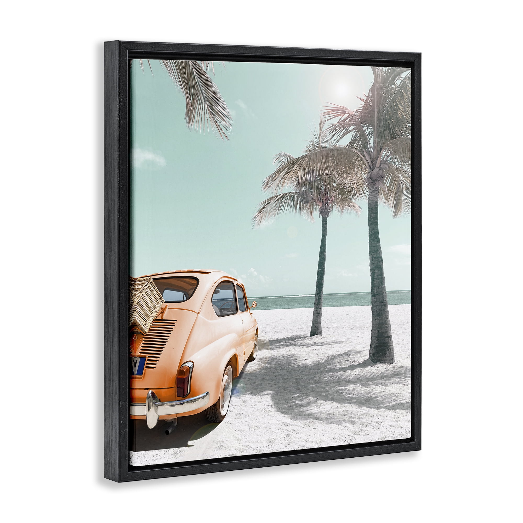 Stupell Industries Orange Car on Beach Coastal Painting Black Floater Framed Canvas Art Print Wall Art, 17 x 21