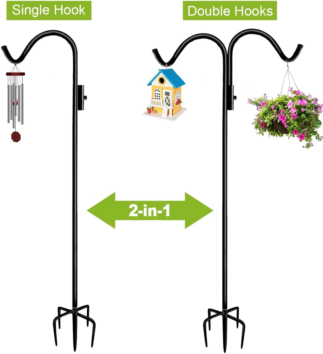 60 Inch Double Shepherd Hook Stand for Outdoor Birdfeeder, Adjustable Two Sided Garden Bird Feeder Pole Holder for Birdhouse Planter Solar Light Lantern, Black, 1 Pack
