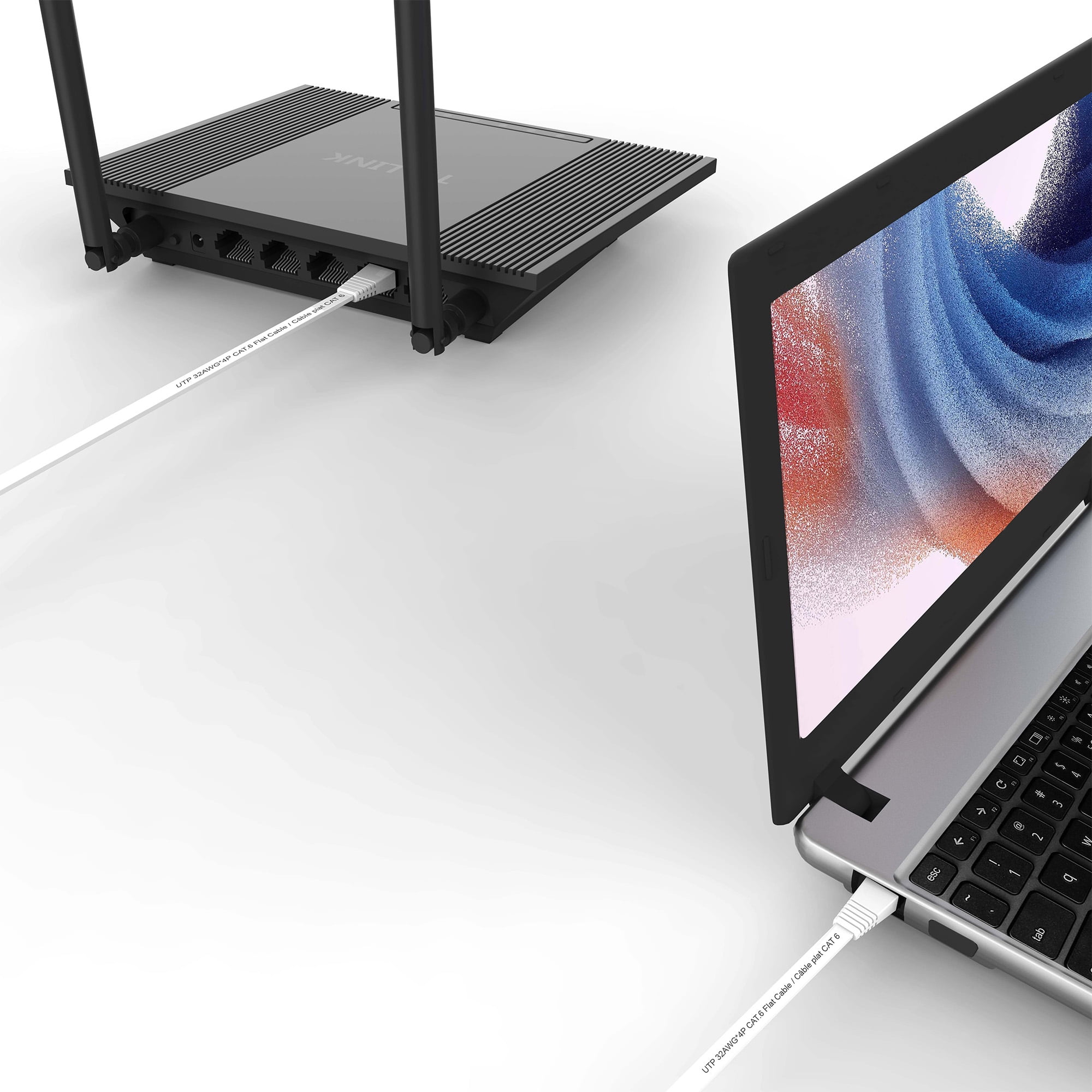 Onn. Câble réseau plat CAT6 de 15,25 m - Blanc Connecteurs universels RJ46