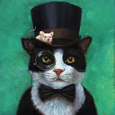 Tuxedo Cat Art - Tuxedo Cat with Mouse Hat by Lucia Heffernan 12x12 Steampunk Art Print Poster Humor