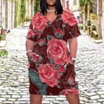 thumbnail image 2 of Dark Red Rose Floral Pattern Women's Summer Short Sleeve Casual Dresses Party Dress, 2 of 5
