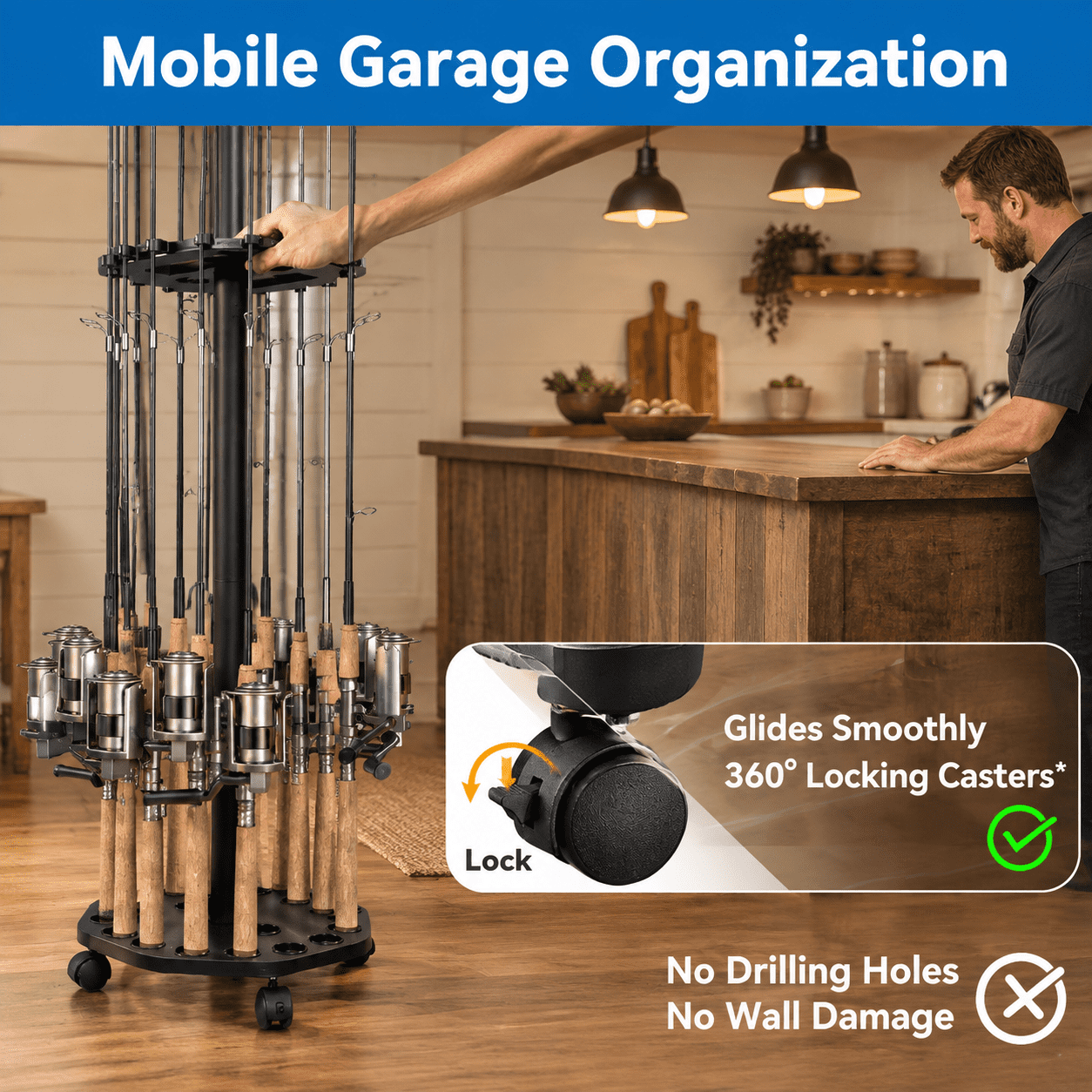 Black 16-Rod Mobile Fishing Rod Rack with Locking Wheels and Storage Station