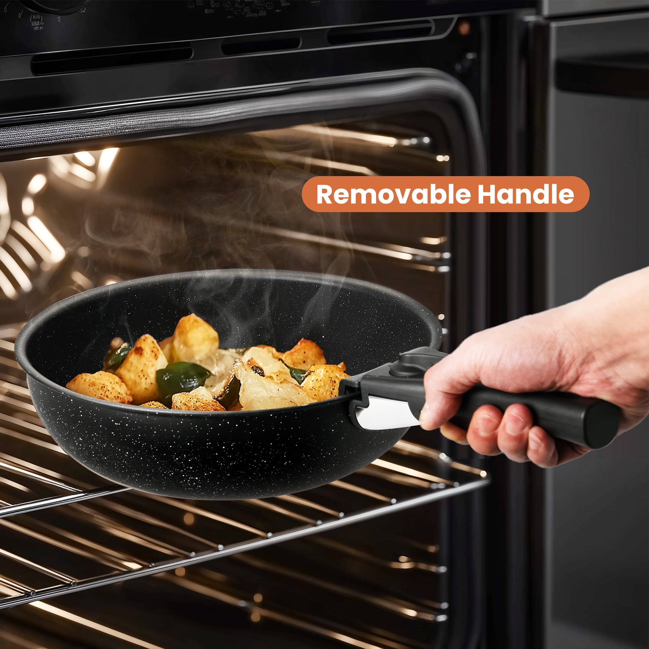 JIOABL 12 Pcs Non-Stick Cookware Set, Complete with Pots and Pans Featuring Detachable Handles, Beige
